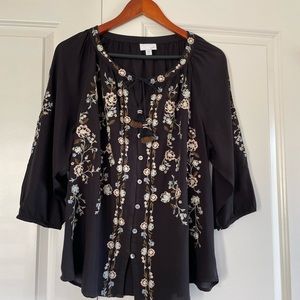 J.Jill Black Embroidered 3/4 Sleeved Blouse